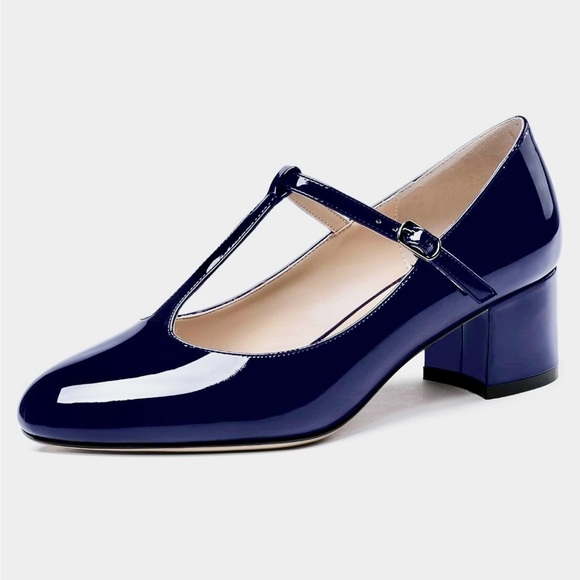 Navy Patent Mary Jane T-strap Low Heels - Picture 11 of 11